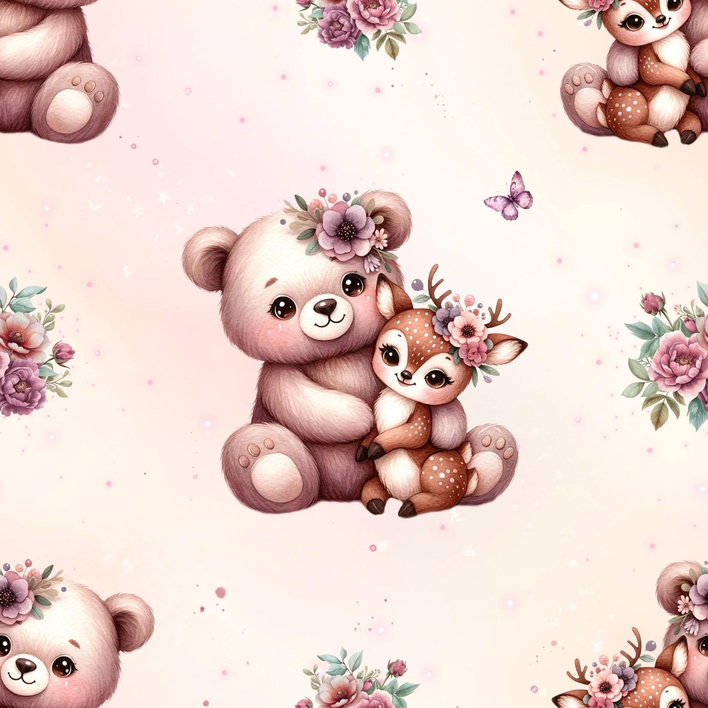Detailaufnahme der Illustration Teddy Bär hat ein Rehkitz im Arm. Beide tragen Blumen Schmuck auf dem Kopf