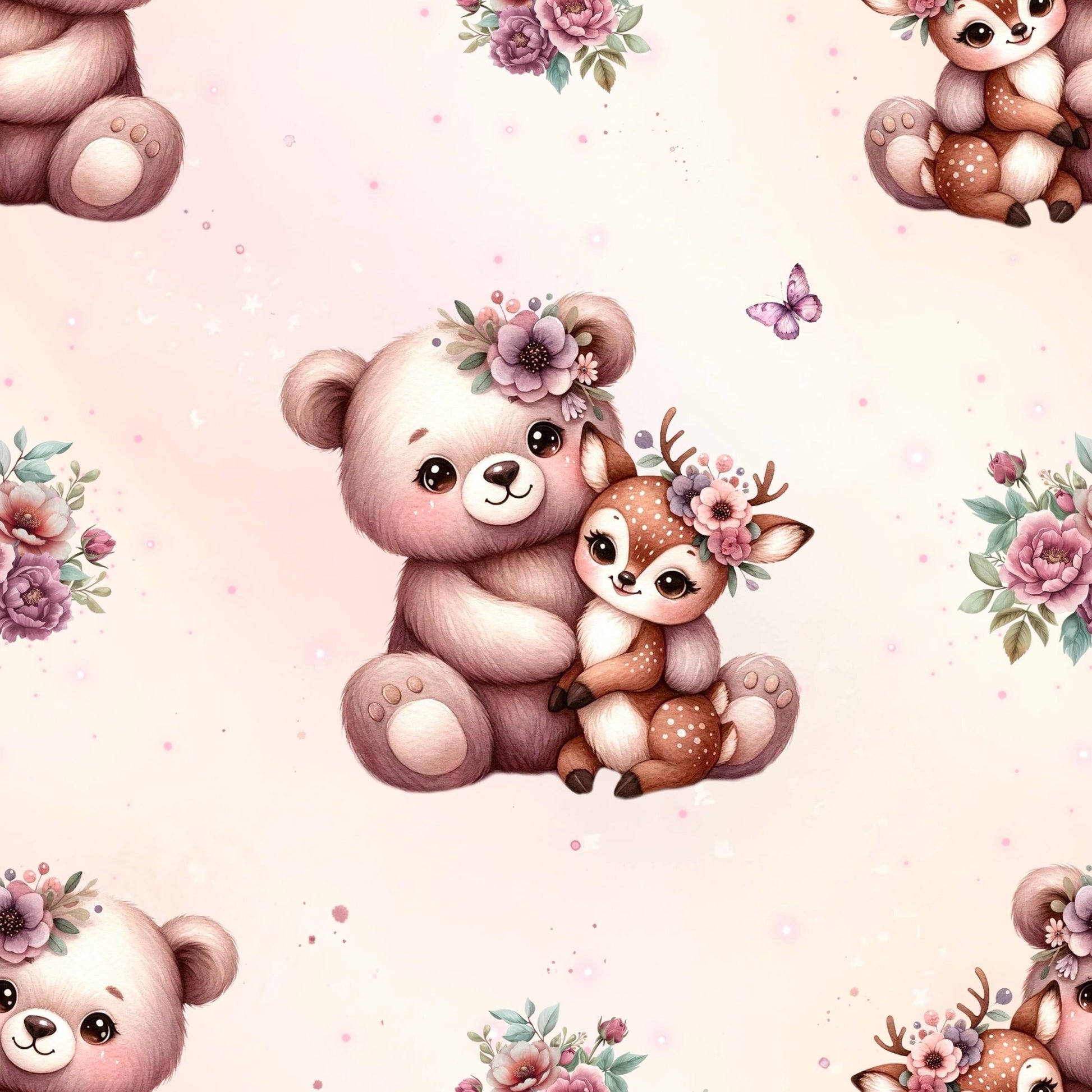 Detailaufnahme der Illustration Teddy Bär hat ein Rehkitz im Arm. Beide tragen Blumen Schmuck auf dem Kopf