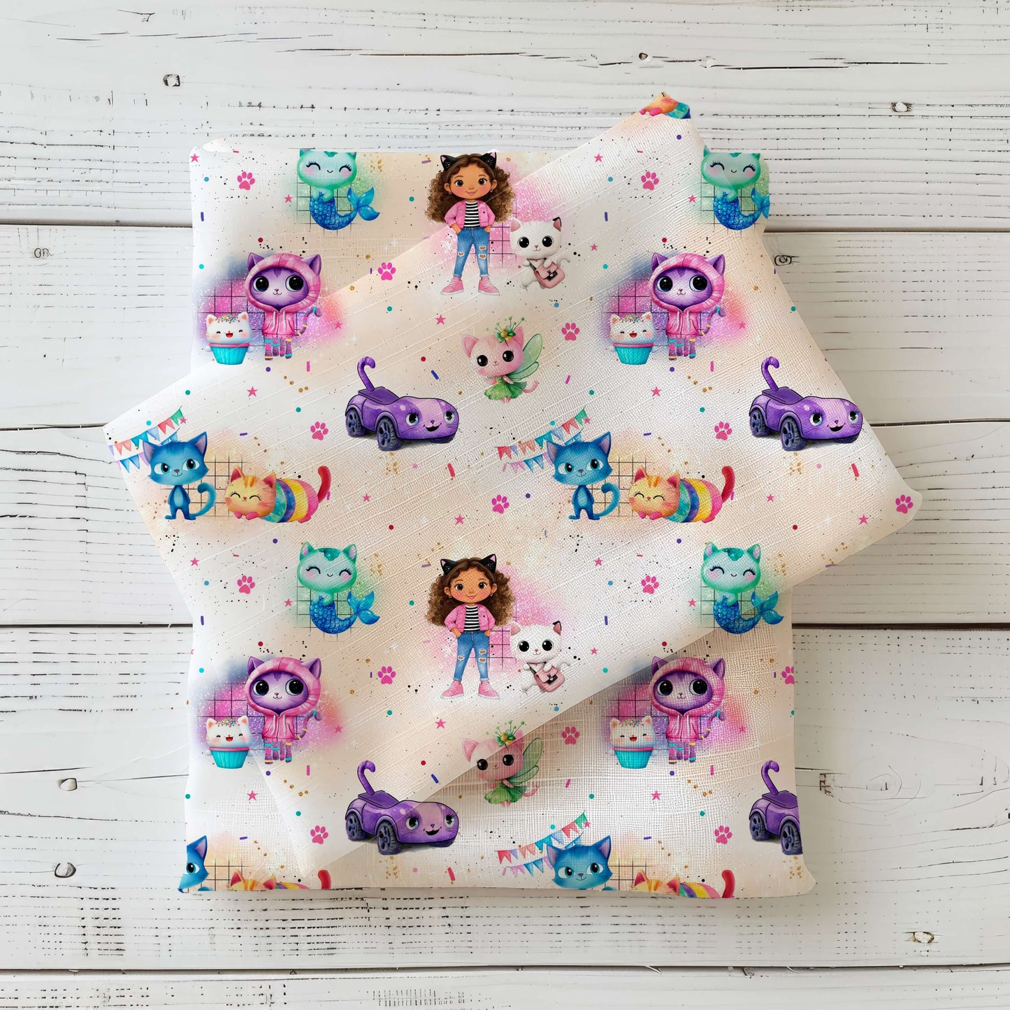 Kinderstoff mit bunten Katzen Cartoon Motiven und Mädchen Figuren, verspielter Jersey und French Terry Stoff Meterware für Baby und Kinderkleidung mit farbenfrohen Tierillustrationen