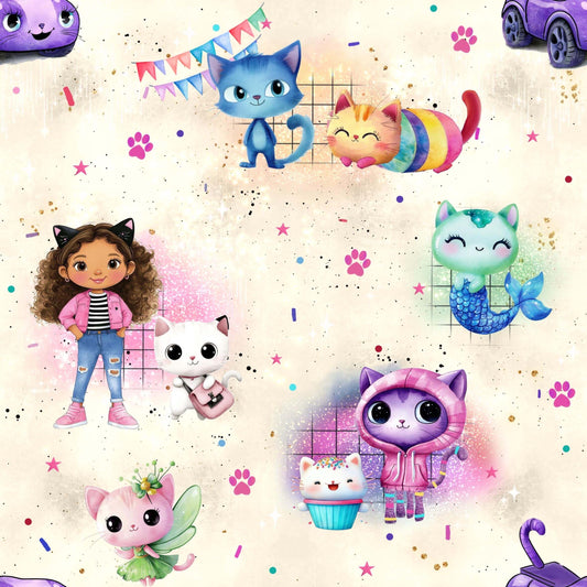 Kinderstoff mit bunten Katzen und Mädchen Cartoon Motiven, verspielter Jersey und French Terry Stoff Meterware für Baby und Kinderkleidung mit niedlichen Tierillustrationen