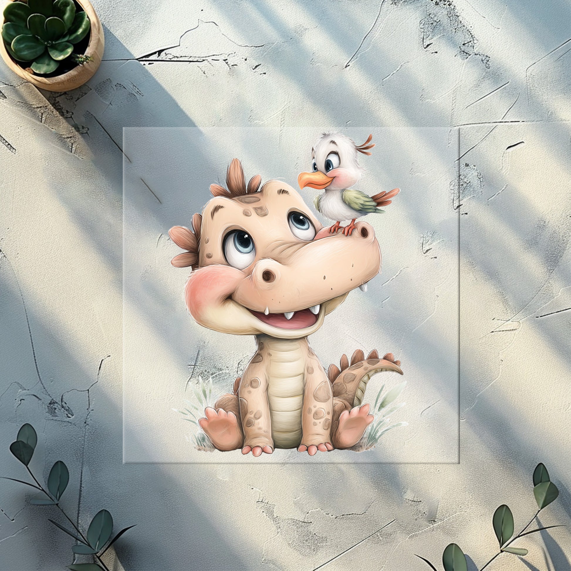 Niedlicher Baby Drache Bügelbild mit kleinem Vogel DTF Transfer Aquarell Stil beige braun