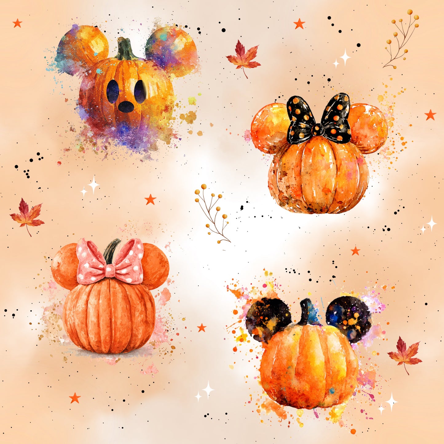 Kürbiszauber French Terry Stoff Meterware mit Aquarell Kürbis Motiv in Orange und Herbstfarben