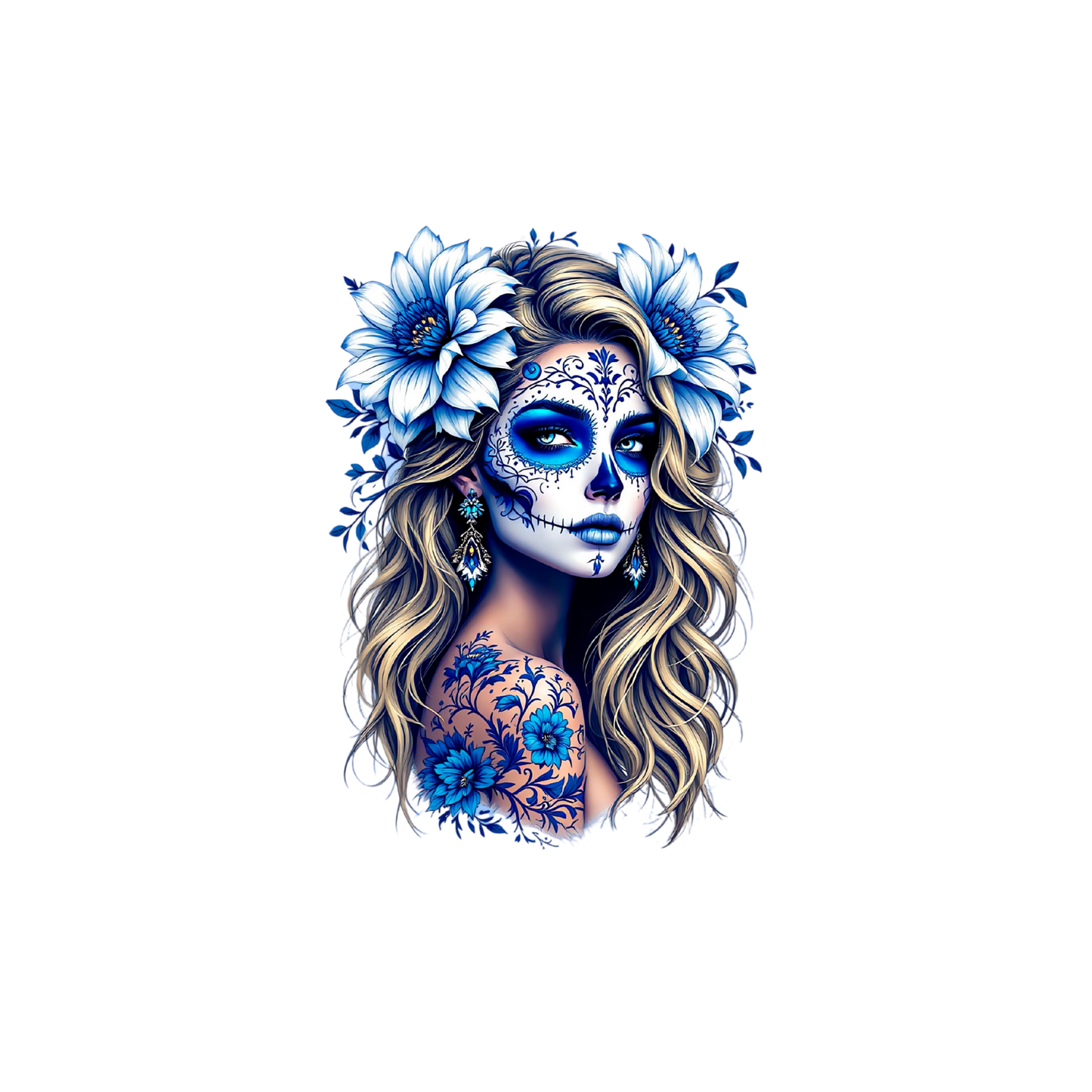 La Catrina DTF Transfer blau weiß Anwendungsbeispiel – Bügelbild Kinderkleidung