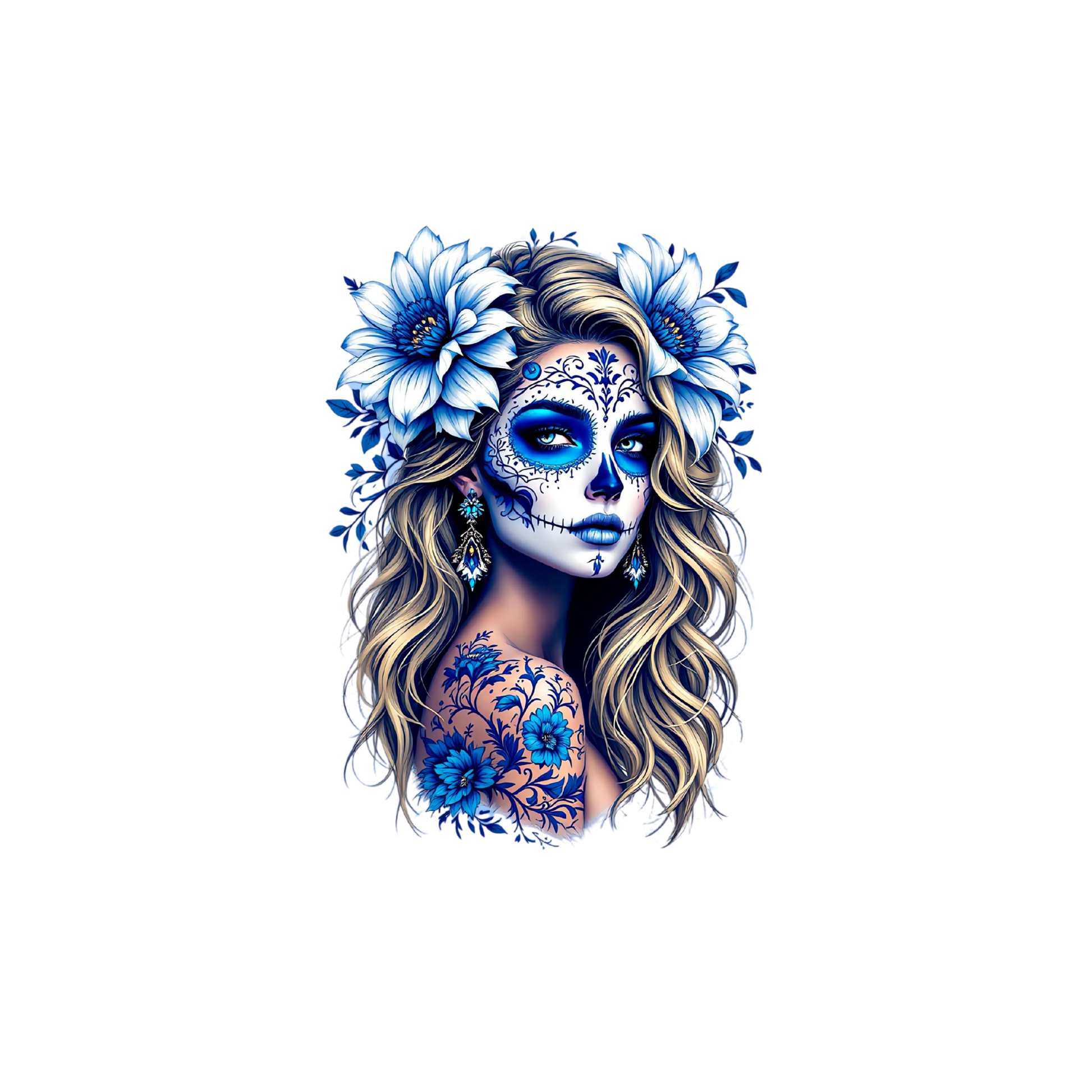 La Catrina DTF Transfer blau weiß Anwendungsbeispiel – Bügelbild Kinderkleidung