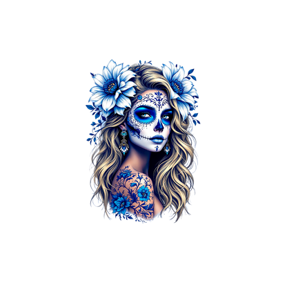 La Catrina DTF Transfer blau weiß Anwendungsbeispiel – Bügelbild Kinderkleidung
