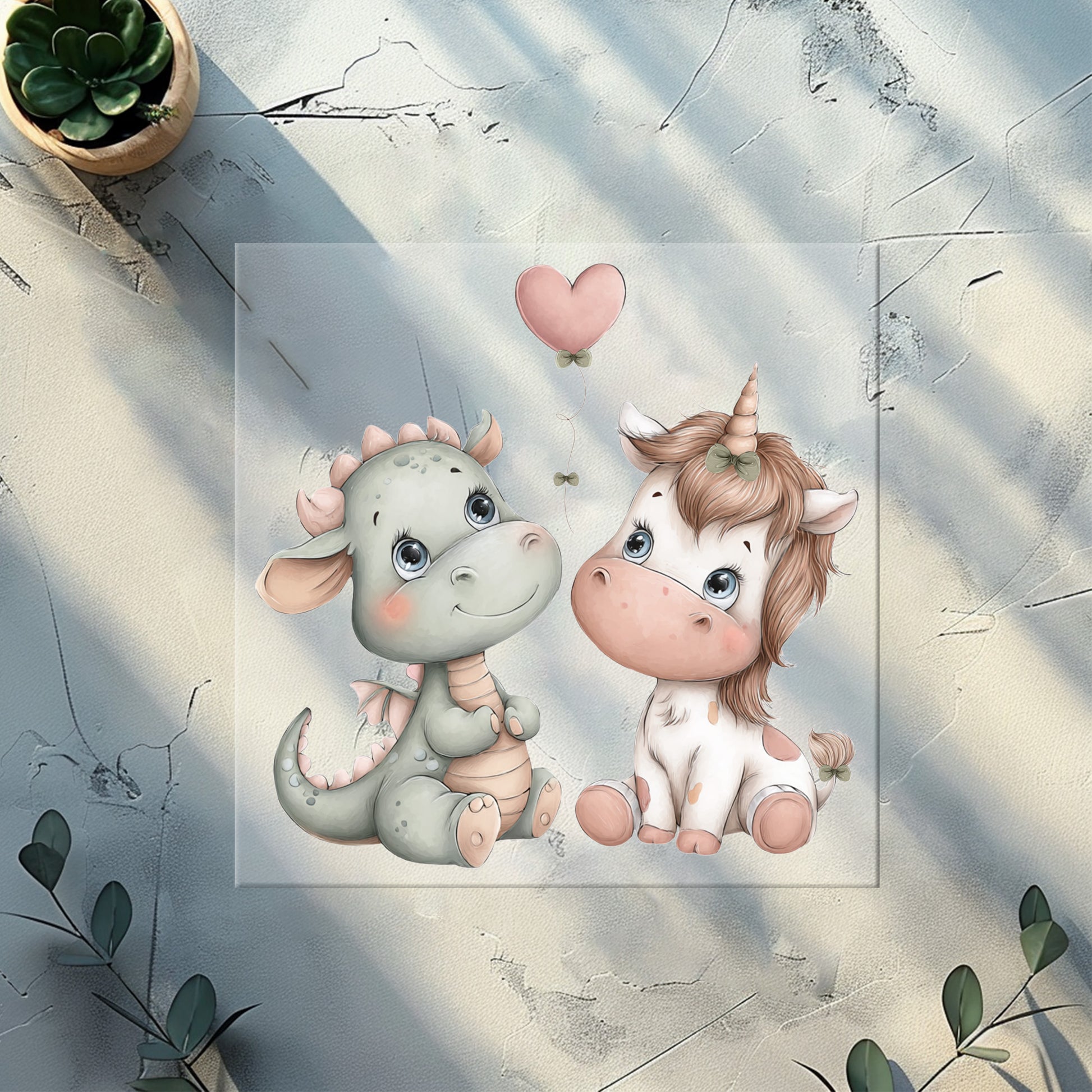 Bügelbild Einhorn und Drache mit Herz Luftballon DTF Transfer Motiv für Kinderkleidung Pastell