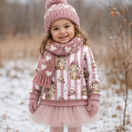 Gestreifter Kinderpullover „MammutBande“ rosa – handgenäht