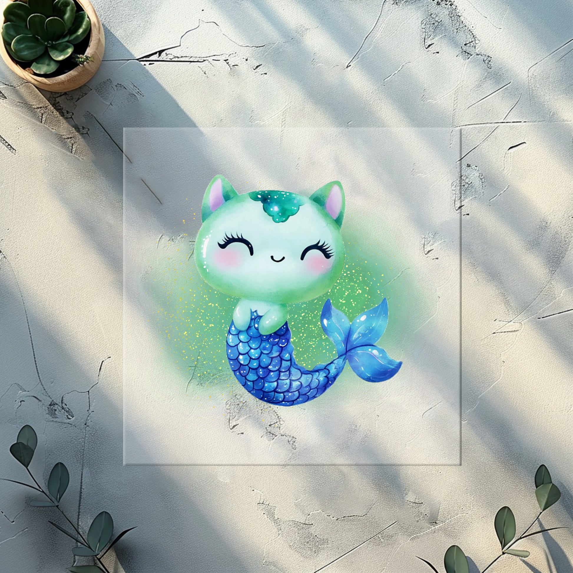 Meerkatze Bügelbild süße Katze mit Fischschwanz DTF Transfer mint blau Kinderdesign