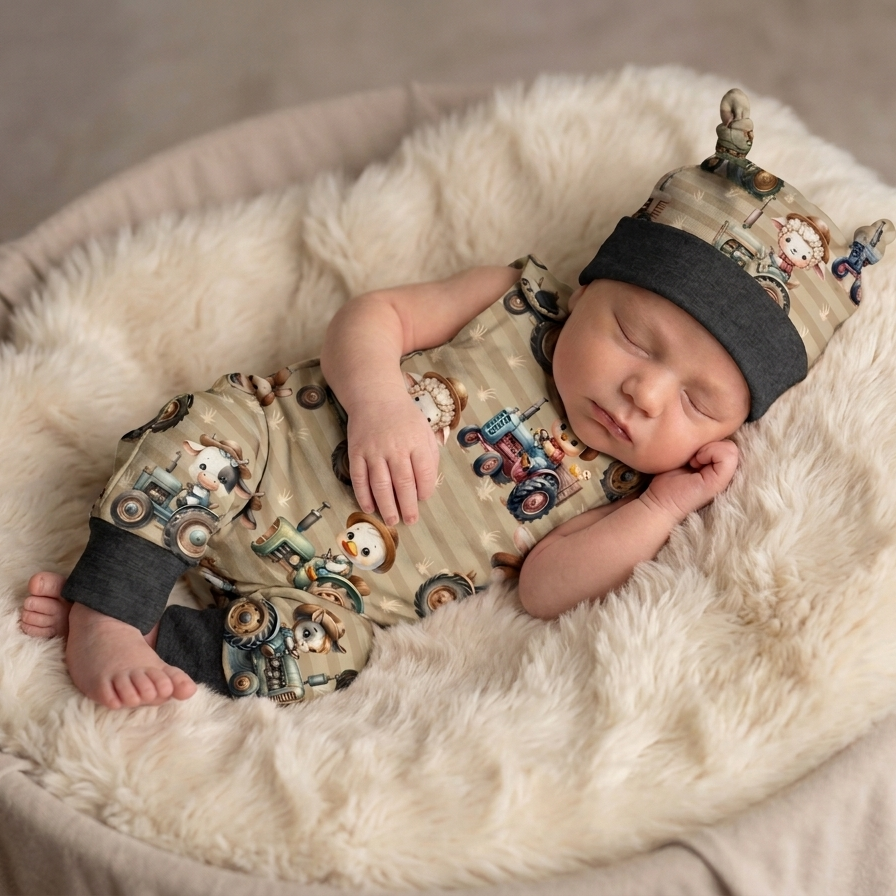 Schlafendes Neugeborenes im Baby Strampler Set mit Knotenmütze, Bauernhof-Motiv, Fotoshooting-Requisite