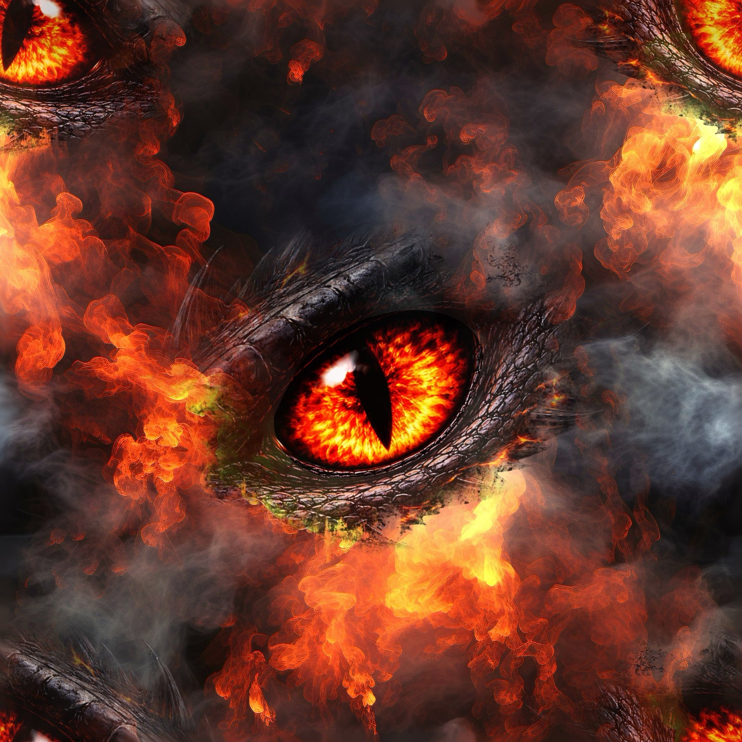 Stoffdesign mit einem detaillierten schwarzen Drachenauge inmitten von orangen Flammen und Rauch.